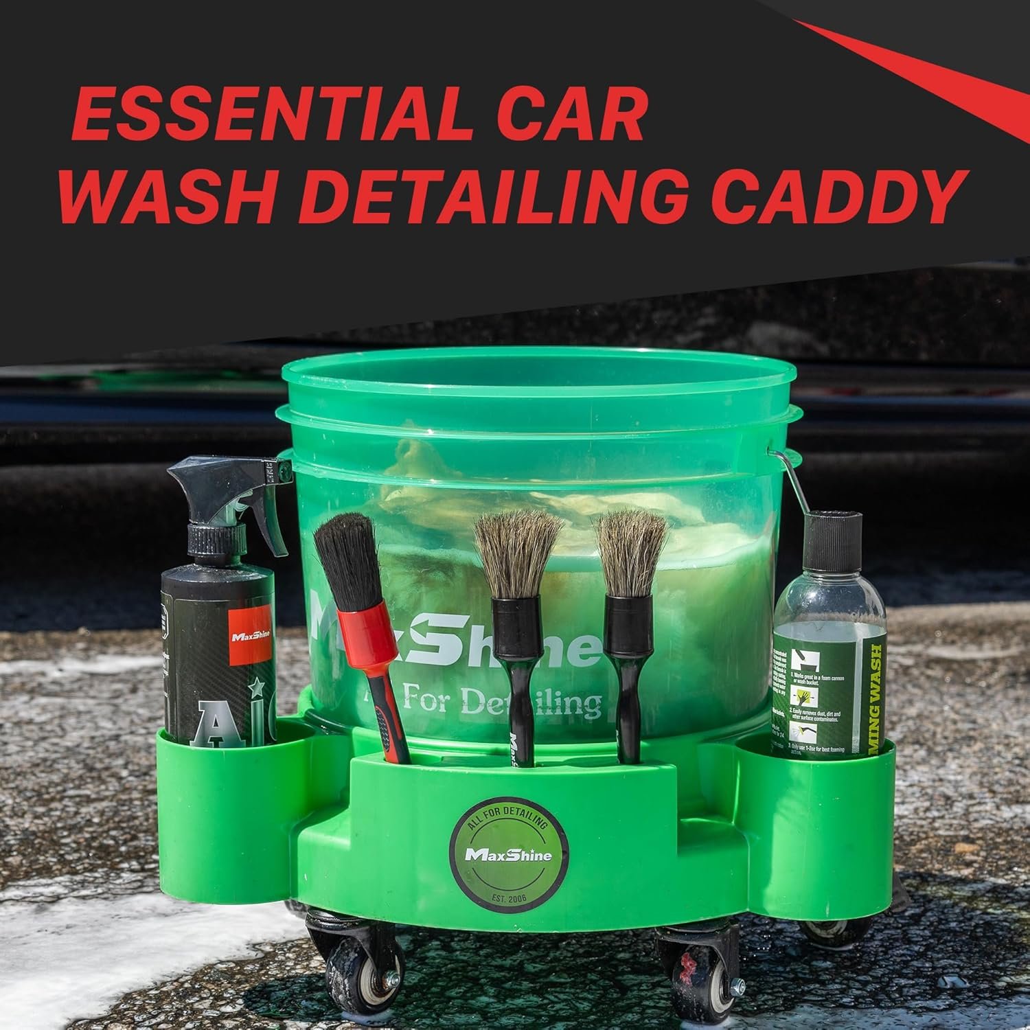 Professional Rolling Bucket Dolly | Fits 2.7and5 Gallon Buckets | 360Â° Swiveling Wheels, 3 Brush Holders, Bottle Storage & Locking Screws